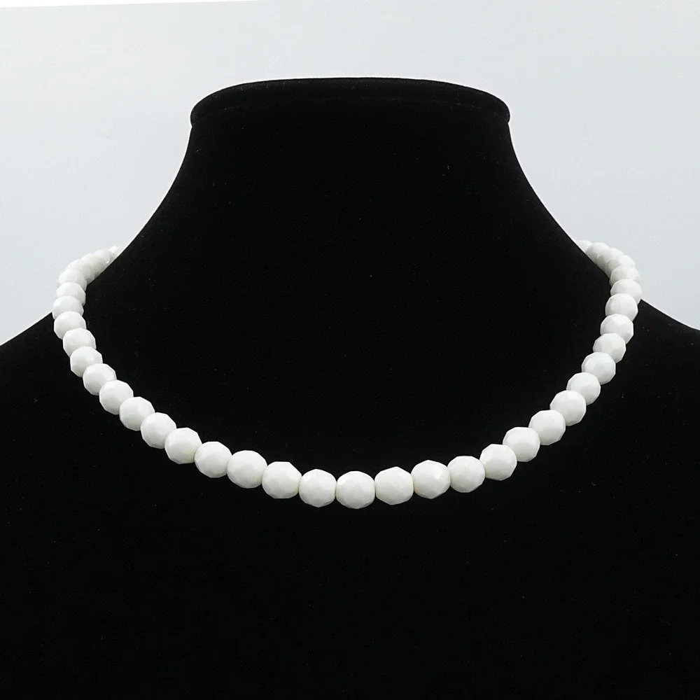 Vintage Choker Necklace White Milk Glass Faceted Bead 18